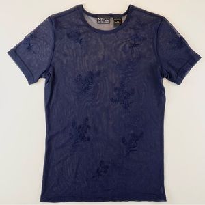 New York & Company Navy Blue Floral Mesh Sheer T-shirt Sexy Layering Medium Top